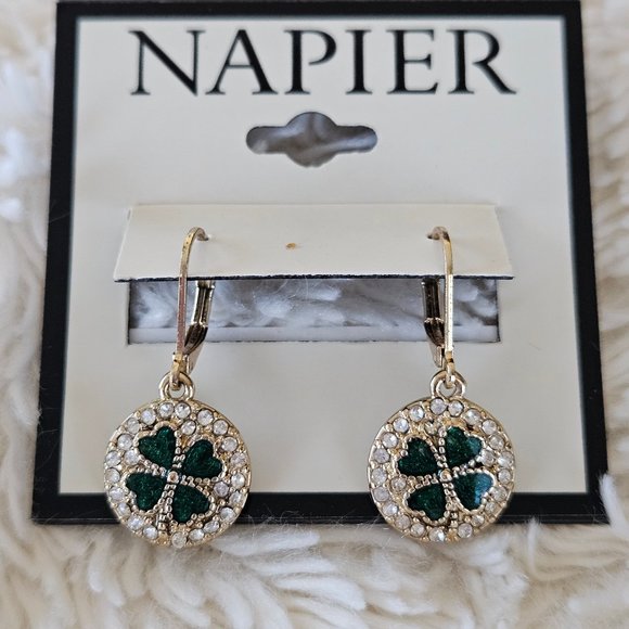 Napier Earrings Shamrock Lucky 1" Green/Rhinestone Charming - Picture 9 of 11